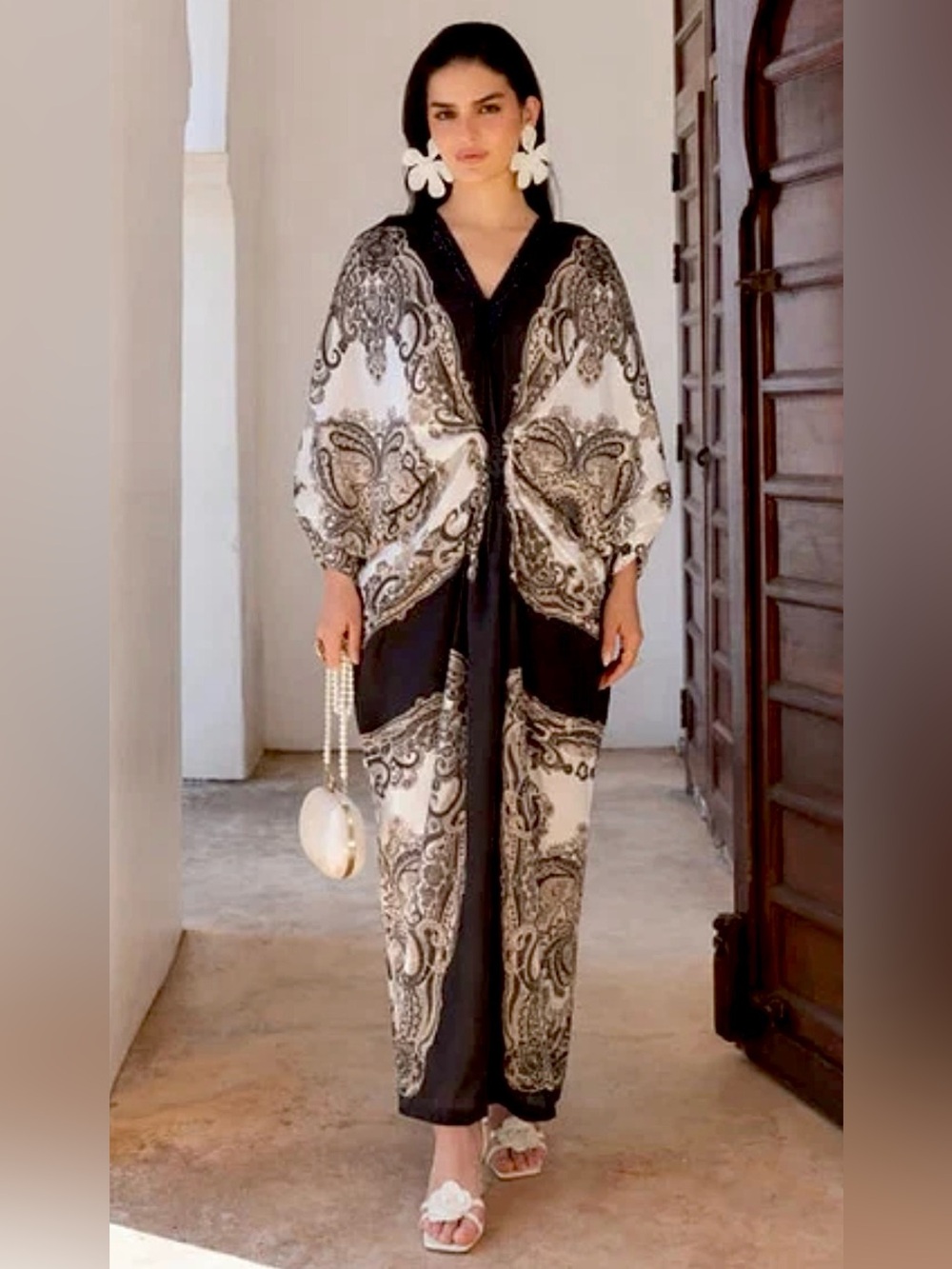 Sahibas by Mirza Black & Ivory Printed Pakistani Kaftan | Size L | NWOT